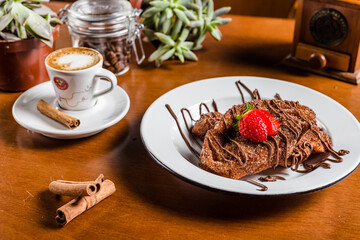 Sweet Toast Bread Chocolate Sugar Cinnamon Strawberry Breakfast Morning Coffee Brazilian On a Wooden Table Bakery