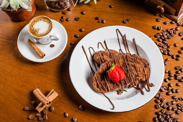 Sweet Toast Bread Chocolate Sugar Cinnamon Strawberry Breakfast Morning Coffee Brazilian On a Wooden Table Bakery