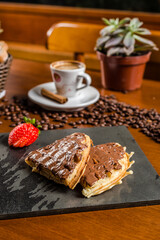 Delicious Chocolate Waffle Bakery Coffee Cinnamon Wooden Table Food High Res