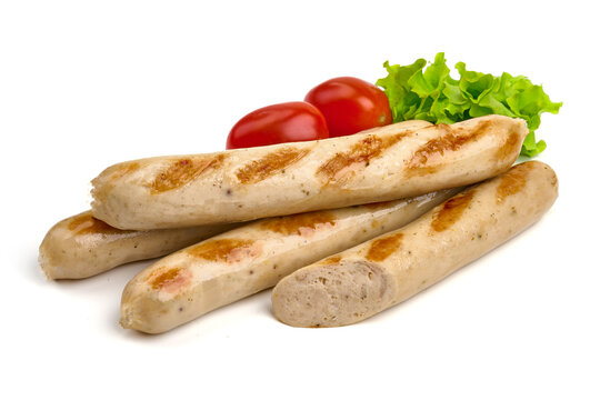 Grilled white sausages, isolated on white background. High resolution image.