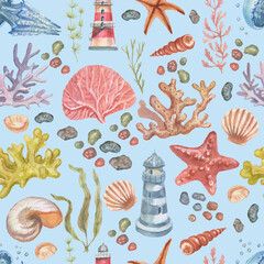 
lighthouse shells sea seamless pattern travel beach watercolor illustration hand drawn print textiles vintage retro set cartoon ocean realistic sketch
