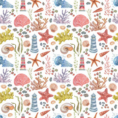 
lighthouse shells sea seamless pattern travel beach watercolor illustration hand drawn print textiles vintage retro set cartoon ocean realistic sketch

