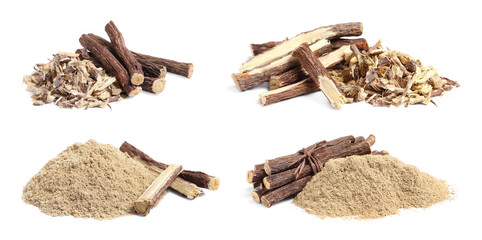 Set with dried sticks of liquorice root, shavings and powder on white background. Banner design