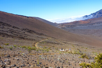 Hiking in the crater / Dormant volcano, Haleakala National Park, Maui island, Hawaii