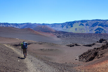 Hiking in the crater / Dormant volcano, Haleakala National Park, Maui island, Hawaii