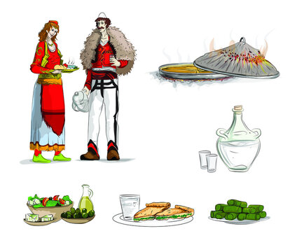 Albania couple with traditional dress and traditional food
