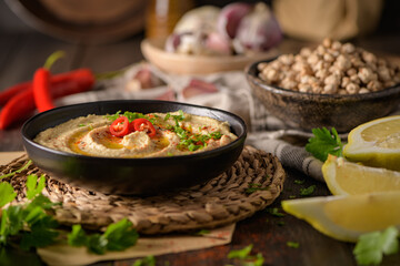 Delicious hummus in ceramic bowl