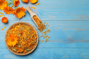 Dry and fresh calendula flowers on light blue wooden table, flat lay. Space for text - obrazy, fototapety, plakaty