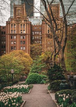 A brick building with a garden in front of it, Tudor City, New York, New York