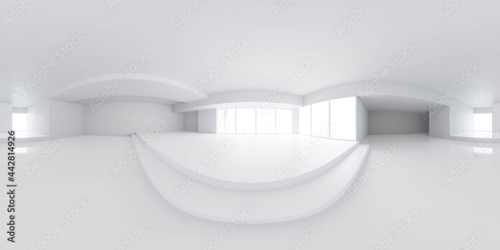 Wall mural full 360 degree pnaorama environment map of empty plain white studio with big windows and bright day