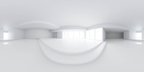 full 360 degree pnaorama environment map of empty plain white studio with big windows and bright day lighting 3d render illustration hdri hdr vr style
