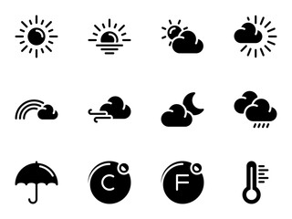 Obraz premium Set of black vector icons, isolated against white background. Flat illustration on a theme weather conditions and designations. Fill, glyph