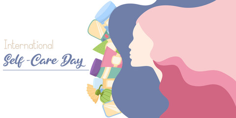 Obraz na płótnie Canvas Silhouette of a woman, young woman. Horizontal banner with a profile of a girl with long hair. Illustration with face care products. International Self-Care Day. Self care, love yourself. Vector card.