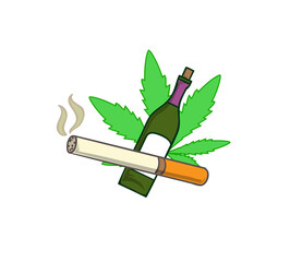Drugs icon. Cigarette, alcohol and marijuana in line art style. Vector illustration.