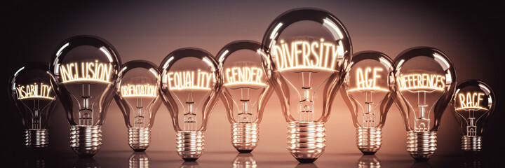 Diversity, inclusion, equality concept - shining light bulbs - 3D illustration - obrazy, fototapety, plakaty