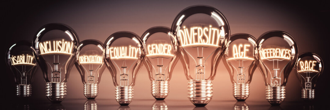 Diversity, inclusion, equality concept - shining light bulbs - 3D illustration