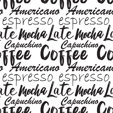 Coffee seamless pattern design. Decorate text in brown colors.