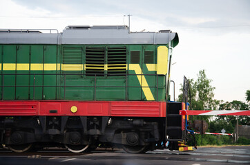 Obraz premium Diesel Locomotives train with railroad. Perspective view of Passenger train hauled by the diesel electric locomotive.