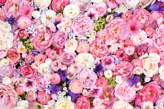 Delicate blooming festive roses and summer flowers composition background, blossoming bright flower wall, bouquet floral card	