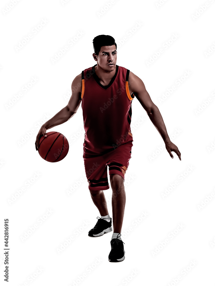 Canvas Prints Silhouette of professional sportsman playing basketball on white background