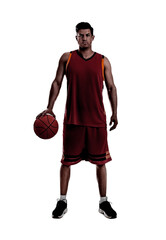 Silhouette of basketball player with ball on white background