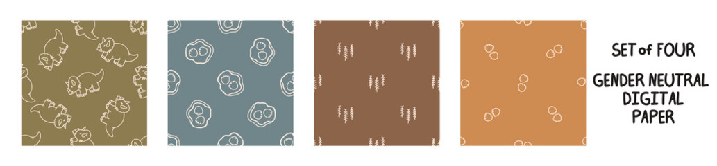 Seemless background triceratops dinosaur set of 4 patterns. Whimsical minimal earthy 2 tone color. kids nursery wallpaper or boho cartoon pet fashion all over print. © Limolida Studio