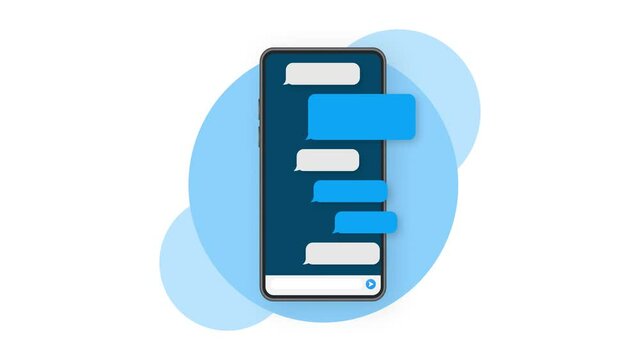 Hand holds phone with chat message on blue background. Motion graphics.