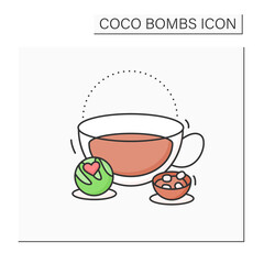 Coco bomb color icon. Delicious dessert. Cute ball of chocolate with marshmallows filling inside. Bomb inside cup. Chocolate sweet.Isolated vector illustration