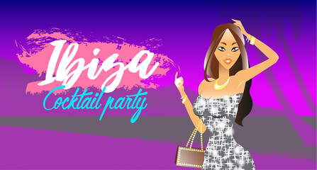 Poster with cartoon style young sexy girl. Vector illustration.