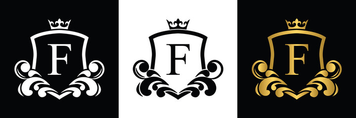 Golden Letter F template logo Luxury shield letter with crown. Monogram alphabet . Beautiful royal initials letter.