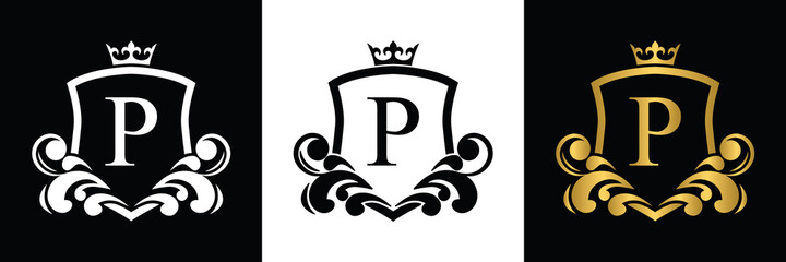 Golden Letter P template logo Luxury shield letter with crown. Monogram alphabet . Beautiful royal initials letter.