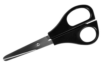 Metal scissors with black handles on white background, isolated.
