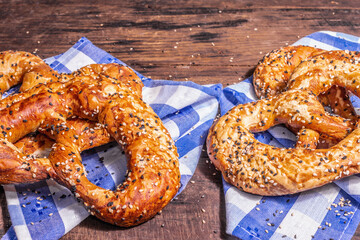 Oktoberfest concept - pretzels on a traditional napkin