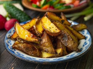 French fries, salad, vegetables on an old wooden background. Rural dinner, summer picnic. Close up.