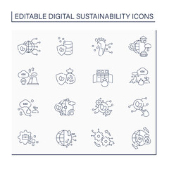 Digital sustainability line icons set. Global industrial innovation and growth. Planet protection.Digitalization concept.Isolated vector illustrations.Editable stroke