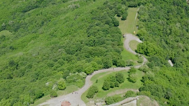Aerial panorama view  of the ruins of Castle of Sirok, built in 13th century in Matra Mountain, Hungary