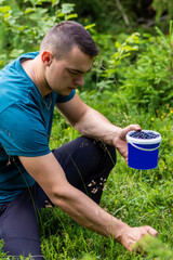 Handsome young man picking blueberries in the forest. Male worker collecting wild organic bluberries in a plastic bucket