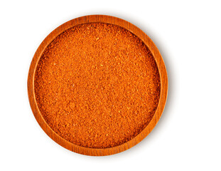 Cayenne pepper in wood spoon on white background,Top view