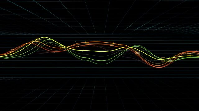 Multiple 3D lines of fluctuating data. Graph showing waves of changes. Multiple values changing together.