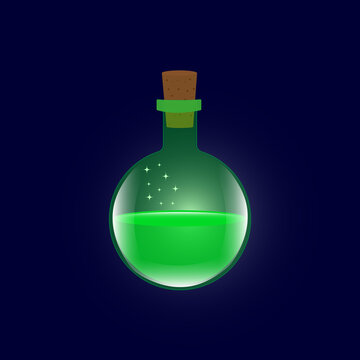 Bottle with liquid green potion magic elixir game GUI icon. Vector illustration 