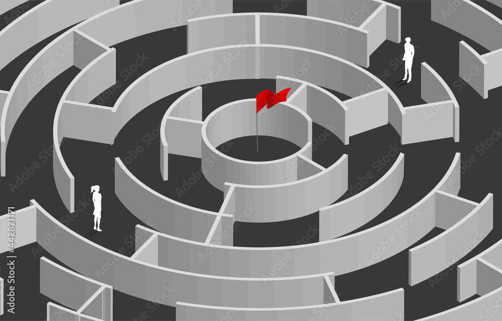 Aufkleber silhouette of businessman and businesswoman standing in circle maze game. business concept for probl
