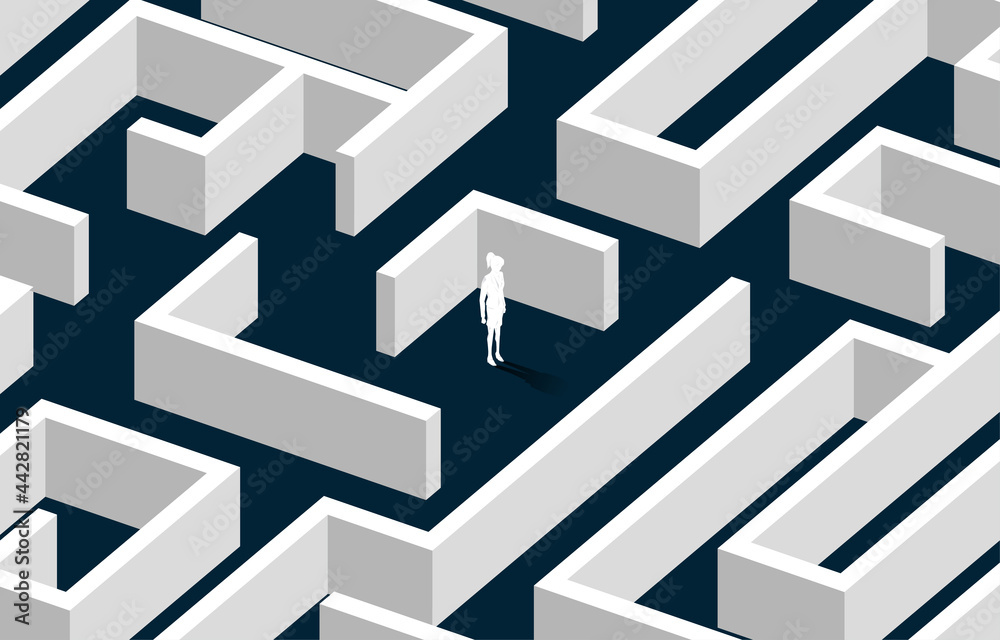 Poster silhouette of businesswoman at center of maze. business concept for problem solving and solution str