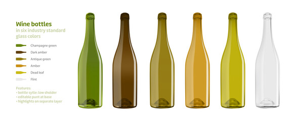 Empty wine bottle set with low shoulders in six industry standard glass colors