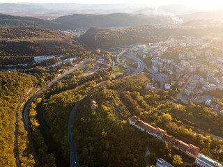 Aerial Sunset view of city of Veliko Tarnovo, Bulgaria