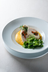 Menu for the restaurant: chicken fillet roll with potato-carrot smoothie.