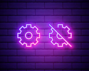 Gear, maintenance. Pink neon vector icon. Glowing gear symbol isolated on brick wall background