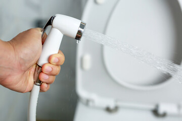 Cleaning staff examining the toilet sprayer.