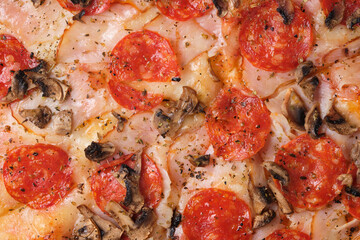 Obraz na płótnie Canvas Pizza with tomatoes, ham, spicy kalbasa, mushrooms, mozzarella cheese, spices and tomato sauce. A closeup of a pizza.