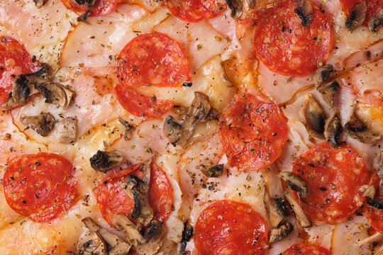 Pizza with tomatoes, ham, spicy kalbasa, mushrooms, mozzarella cheese, spices and tomato sauce. A closeup of a pizza.