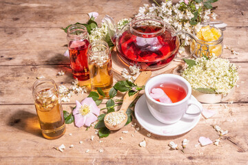 Assorted tea made from flowers. Fresh elderberry, rose hip, and acacia.